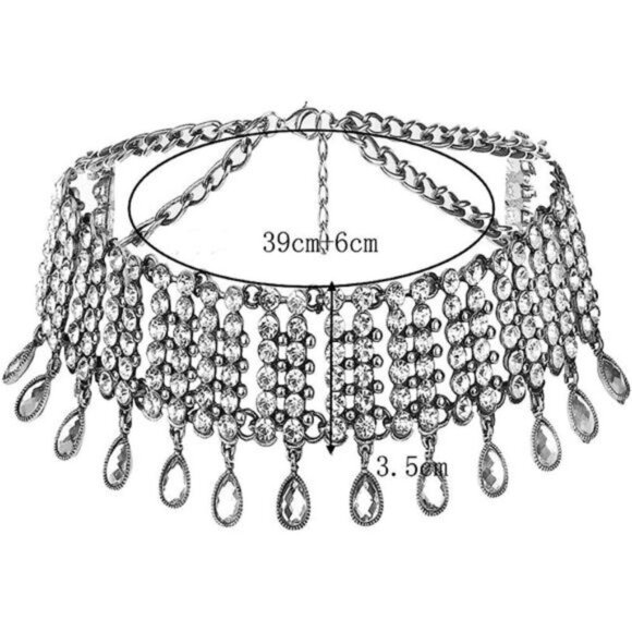 Silver Boho Crystal Rhinestone Choker Statement Necklace Chunky Tassel Jewelry - Picture 4 of 4